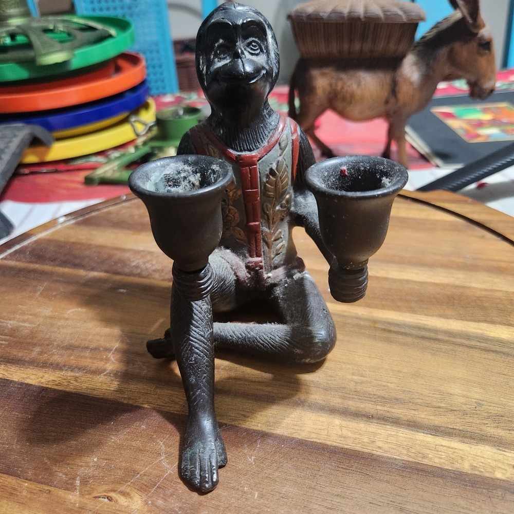 Vintage Monkey Double Candle Holder Figurine Folk Art Primate Candlestick Holder